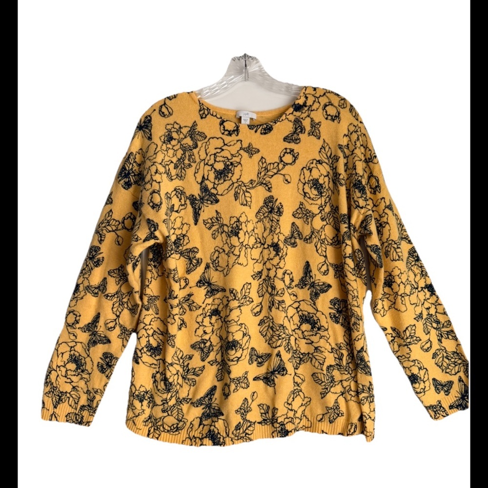 J. JILL Women’s Yellow Black Butterfly Cotton Crew Sweater Sz L